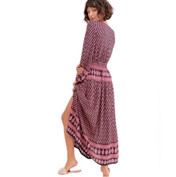 Anthropologie Raga Pink/Navy Avah Print Split Front Long Sleeve Maxi Dress - Picture 4 of 11